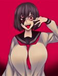  1girl black_hair breasts camui_kamui cracked_skin extra_eyes highres horror_(theme) huge_breasts open_mouth original red_background red_eyes red_neckwear sailor_collar school_uniform serafuku solo teeth tongue upper_body 