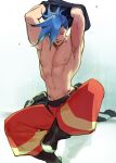  1boy areolae armpits black_gloves blue_hair boots galo_thymos gloves groin male_focus navel nigorokke pants parted_lips promare simple_background sitting smile solo spiked_hair stretch sweat toned toned_male topless_male undressing white_background 