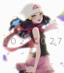  1girl :d beanie black_hair blurry blush commentary_request confetti dated dawn_(pokemon) eyelashes floating_hair floating_scarf from_side hair_ornament hairclip hat interlocked_fingers long_hair looking_at_viewer looking_to_the_side mokorei open_mouth own_hands_together pink_skirt pokemon pokemon_adventures red_scarf scarf shirt skirt sleeveless sleeveless_shirt smile solo teeth tongue twitter_username upper_teeth white_headwear yellow_eyes 