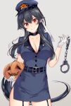  1girl black_gloves black_hair blue_jacket breasts cleavage collarbone cosplay cuffs gloves grey_background hairband halloween_costume handcuffs hat ichinomiya_(blantte) jack-o&#039;-lantern jacket kantai_collection large_breasts long_hair looking_at_viewer open_collar peaked_cap police police_uniform ponytail red_eyes remodel_(kantai_collection) sidelocks simple_background smile solo uniform very_long_hair yahagi_(kancolle) 