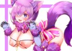  1girl :d animal_ears ass blue_gloves blush breasts claw_pose claws cosplay covered_nipples cowboy_shot craft_essence_(fate) elbow_gloves eyes_visible_through_hair fangs fate/grand_order fate_(series) fur-trimmed_gloves fur_collar fur_trim gloves hair_over_one_eye halloween halloween_costume inverted_nipples lace-trimmed_legwear lace_trim large_breasts looking_at_viewer mash_kyrielight mash_kyrielight_(dangerous_beast) nipples o-ring o-ring_top open_mouth paw_pose purple_eyes purple_gloves purple_hair purple_legwear purple_tail revealing_clothes short_hair smile solo tail thighhighs wildcat_(kusonemi) wolf_ears wolf_girl wolf_tail 