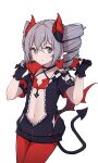  1girl :o absurdres bangs black_gloves black_jacket bronya_zaychik bronya_zaychik_(yamabuki_armor) demon_tail drill_hair gloves halloween_costume highres holding holding_clothes holding_jacket honkai_(series) honkai_impact_3rd jacket looking_at_viewer luolijizhengyi199 navel pantyhose short_sleeves simple_background solo tail twin_drills white_background 