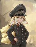  1girl alternate_costume animal_ears arknights bangs blonde_hair closed_mouth cosplay cross erwin_rommel erwin_rommel_(cosplay) german_army hands_on_hips hat highres iron_cross long_sleeves looking_at_viewer military military_hat military_jacket military_uniform nazi outdoors sawkm short_hair solo suzuran_(arknights) tail uniform world_war_ii yellow_eyes 