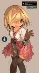  1girl bangs black_legwear blonde_hair breasts bright_pupils brown_background brown_eyes brown_gloves collarbone commentary_request djeeta_(granblue_fantasy) elbow_gloves embarrassed eyebrows_visible_through_hair flying_sweatdrops frilled_shirt frills gameplay_mechanics gloves granblue_fantasy hair_between_eyes hairband hand_on_own_thigh hand_up have_to_pee highres knees_together_feet_apart leaning_forward miniskirt motion_lines nervous nervous_smile one_eye_closed open_mouth red_hairband red_skirt shiny shiny_clothes shirt short_hair short_sleeves sidelocks simple_background skirt small_breasts solo sweat thighhighs urine_meter vambraces white_pupils white_shirt wince yomiclone 