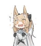  +_+ 1girl animal_ears arknights armor black_bow black_gloves blemishine_(arknights) blonde_hair blush_stickers bow chibi cloak gloves hair_bow horse_ears long_hair mikojin open_mouth orange_eyes ponytail simple_background solo upper_body white_background white_cloak 