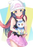  1girl absurdres beanie black_hair black_shirt blue_eyes blush bracelet closed_mouth commentary_request dawn_(pokemon) eyelashes floating_scarf hat highres holding holding_pokemon jewelry kaede_(maple4rt) long_hair looking_at_viewer pink_skirt piplup pokemon pokemon_(creature) pokemon_(game) pokemon_dppt red_scarf scarf shirt skirt sleeveless sleeveless_shirt smile white_headwear 