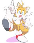  1boy animal_ears animal_nose blue_eyes bright_pupils fox_boy fox_ears fox_tail full_body furry furry_male gloves index_finger_raised ixy looking_at_viewer multiple_tails open_mouth shoes simple_background snout sonic_(series) tail tails_(sonic) teeth upper_teeth white_background white_gloves white_pupils 