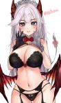  1girl asymmetrical_gloves bangs bare_arms bare_shoulders black_bra black_gloves black_panties blue_eyes blush bow bowtie bra breasts character_name cleavage cowboy_shot demon_girl demon_horns demon_tail eyebrows_visible_through_hair eyeshadow garter_belt gloves groin heart heart_hands highres horns large_breasts long_hair looking_at_viewer maid_headdress makeup mismatched_gloves mookie_(e_mook9) navel panties parted_lips red_bow red_ribbon red_wings ribbon silver_hair solo stomach tail underwear underwear_only v-shaped_eyebrows vei_(vtuber) very_long_hair virtual_youtuber vshojo white_gloves wide_hips wings 