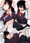  1girl 1other :3 biting black_hair black_legwear bow bowtie closed_eyes fang finger_biting fumitan_(humitan) groping hair_between_eyes hair_bow hand_on_another&#039;s_thigh headpat highres long_hair looking_at_viewer lying_on_lap microskirt multiple_views no_shoes open_mouth original paw_pose paw_print pink_eyes plump red_bow red_bowtie short_twintails sidelocks skirt smile speech_bubble thighhighs tied_hair translated twintails zettai_ryouiki 