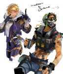  1boy 1girl apex_legends arm_tattoo bangs black_gloves bodysuit breasts cable commentary_request cropped_vest flask gloves goggles green_headwear grey_vest hair_behind_ear highres holding holding_flask hood hooded_jacket iwamoto_zerogo jacket mask medium_breasts midriff mouth_mask navel octane_(apex_legends) pointing purple_bodysuit purple_jacket short_hair stomach_tattoo tattoo vest wattson_(apex_legends) 