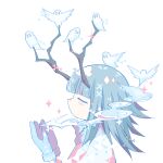 1girl antlers bangs bird blue_hair commentary ghost gloves highres magic matabeku medium_hair original profile simple_background solo_focus sweater white_background 