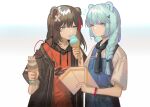  2girls absurdres animal_ears aqua_hair arknights bear_ears black_jacket black_neckerchief blue_eyes blue_overalls braid brown_hair commentary_request earbuds earphones feeding food hair_ornament hairclip highres holding holding_food ice_cream_cone istina_(arknights) jacket multicolored_hair multiple_girls neckerchief notice_lines open_clothes open_jacket open_mouth orange_shirt overalls pamphlet red_hair rin_lingsong shirt side_braid simple_background single_braid streaked_hair teeth upper_teeth white_background white_shirt zima_(arknights) 