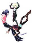 3boys ascot black_gloves blue_hair commentary_request gloves green_hair gueira highres jacket leather leather_jacket lio_fotia long_hair looking_to_the_side lying male_focus meis_(promare) multiple_boys on_back on_side promare purple_eyes red_hair sidelocks simple_background soyasengoku tank_top white_background 