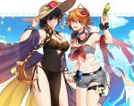  2girls bad_neck bangs bead_necklace beads belt bikini blue_eyes bracelet braid breasts brown_hair choker cleavage closed_mouth commentary dijunsjt earrings english_commentary eyebrows_visible_through_hair eyeliner flower genderswap genderswap_(mtf) genshin_impact gradient_hair gun hair_between_eyes hat hat_flower holding holding_gun holding_hands holding_weapon jewelry leg_garter long_hair looking_at_viewer makeup mask mask_on_head medium_breasts midriff multicolored_hair multiple_girls navel necklace open_mouth orange_hair red_flower ring scar scar_on_chest scrunchie see-through shawl short_hair shorts side_braid single_earring smile straw_hat swimsuit tartaglia_(genshin_impact) tassel tassel_earrings twitter_username vision_(genshin_impact) water_gun weapon white_flower wrist_scrunchie yellow_eyes zhongli_(genshin_impact) 