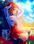  1girl alina_l alternate_costume bottle bow breasts cheerleader cloud day english_commentary forehead hair_behind_ear hair_tie_in_mouth highres holding holding_hair looking_to_the_side mouth_hold okumura_haru orange_hair orange_skirt persona persona_5 pom_pom_(cheerleading) purple_eyes red_bow short_hair skirt sky small_breasts solo tying_hair water_bottle 