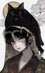  1boy animal_on_head bangs black_cat black_hair cat cat_on_head highres konpeitou_(pixiv37354724) looking_back male_focus moon on_head open_mouth original portrait short_hair veil whiskers yellow_eyes 