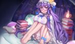  1girl :d bare_legs barefoot book book_stack bow breasts covered_nipples crescent crescent_hat_ornament eyebrows_visible_through_hair glasses hair_bow hat hat_ornament highres large_breasts long_hair looking_at_viewer mob_cap nemo_(leafnight) patchouli_knowledge purple-framed_eyewear purple_eyes purple_hair see-through semi-rimless_eyewear sitting smile solo touhou under-rim_eyewear very_long_hair 
