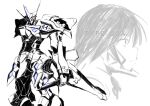  ayamine_kei fortified_suit glowing greyscale head_tilt highres holding holding_knife kawasemi_alter knife looking_at_viewer mecha medium_hair monochrome muvluv muvluv_alternative pilot_suit science_fiction spot_color tactical_surface_fighter takemikazuchi_(muvluv) visor 