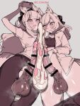  2girls animal_ears animal_penis arknights arm_up aunt_and_niece bar_censor blemishine_(arknights) blush bow breasts censored clothes_pull commentary_request condom covered_nipples crop_top cum ejaculation erection excessive_cum extra_ears eyebrows_visible_through_hair futa_with_futa futanari grey_background hair_bow highres holding holding_phone horse_ears horse_girl horse_penis horse_tail incest jacket long_hair looking_at_penis mirin_chikuwa monochrome multiple_girls multiple_penises open_clothes open_jacket open_mouth pantyhose pantyhose_pull penis penises_touching phone pink_theme shared_condom shirt simple_background small_breasts t-shirt tail taking_picture testicles thick_eyebrows torn_clothes torn_legwear twitter_username wavy_mouth whislash_(arknights) 