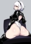  1girl absurdres ass black_blindfold black_dress black_hairband blindfold commentary_request covered_eyes dress gggg hairband highres long_sleeves nier_(series) nier_automata parted_lips shiny shiny_clothes shiny_skin short_hair simple_background solo thighhighs white_hair yorha_no._2_type_b 