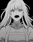  1girl angry apron bangs black_background collared_shirt commentary_request danganronpa_(series) danganronpa_2:_goodbye_despair from_below korean_commentary long_hair minyong_(mi_nyong_uu) mole mole_under_eye open_mouth pink_eyes shirt solo spot_color teeth tsumiki_mikan upper_body 