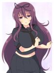  1girl bangs black_ribbon breasts hair_between_eyes hair_ribbon highres ichiryuu_tsumiki large_breasts long_hair looking_at_viewer midriff murasaki_(senran_kagura) navel parted_lips purple_eyes purple_hair ribbon school_uniform senran_kagura serafuku sidelocks solo very_long_hair 