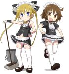  2girls ahoge alternate_costume apron black_footwear black_shirt black_skirt blonde_hair blue_eyes brown_eyes brown_hair bucket commentary_request enmaided frilled_apron frilled_shirt frilled_skirt frills full_body hair_ribbon ki_(adotadot) kill_me_baby long_hair looking_at_viewer maid maid_headdress mary_janes mop multiple_girls oribe_yasuna panties ribbon shirt shoes short_hair simple_background skirt sleeveless sleeveless_shirt sonya_(kill_me_baby) striped striped_panties thighhighs underwear waist_apron white_apron white_background white_legwear 