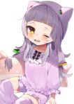  1girl ;o absurdres animal_ears bangs bloomers blunt_bangs cat_ears commentary_request eyebrows_visible_through_hair fake_animal_ears frills hair_ornament hat highres hololive long_hair long_sleeves looking_at_viewer low-tied_long_hair low_twintails murasaki_shion noi_mine one_eye_closed pajamas pillow purple_legwear sidelocks silver_hair simple_background sitting solo thighhighs twintails underwear virtual_youtuber waking_up white_background yellow_eyes younger zettai_ryouiki 