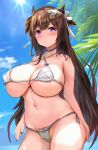  1girl animal_ears azur_lane bangs bare_shoulders bikini blush breasts brown_hair cleavage cloud collarbone commentary_request covered_nipples cow_ears cow_girl cow_horns day flower hair_flower hair_ornament highres horns kashino_(azur_lane) large_breasts long_hair otsusou outdoors palm_leaf purple_eyes revision sky solo sun swimsuit very_long_hair white_bikini white_flower 