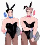  2boys ace_attorney animal_ears ass_visible_through_thighs bangs bare_arms bare_shoulders black_leotard blush bow bowtie commentary_request cropped_torso crossdressing detached_collar fake_animal_ears feet_out_of_frame green_(grimy) highres holding holding_tray leotard light_brown_hair male_focus male_playboy_bunny miles_edgeworth motion_lines multiple_boys pantyhose parted_bangs pectoral_cleavage pectorals phoenix_wright rabbit_ears rabbit_tail short_hair sideburns strapless strapless_leotard tail thick_thighs thighs translated tray white_background wing_collar wrist_cuffs 