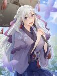  1girl blue_skirt breasts bug butterfly eyebrows_visible_through_hair eyelashes grey_hair heart heart-shaped_pupils highres holding holding_umbrella japanese_clothes kimono large_breasts light_purple_hair lips long_hair looking_at_viewer multicolored_hair obi oil-paper_umbrella open_mouth purple_eyes purple_kimono purple_ribbon ribbon sash self-portrait shino_laila shino_laila_(artist) short_braid signature skirt smile solo symbol-shaped_pupils two-tone_hair umbrella very_long_hair virtual_youtuber wactor_production 