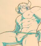  1boy abs animal_ears ass_visible_through_thighs bara bulge commentary_request cow_boy cow_ears cow_horns facial_hair feet_out_of_frame fiery_horns foreshortening forked_eyebrows from_below goatee highres horns jockstrap large_pectorals male_focus male_pubic_hair male_underwear male_underwear_pull muscular muscular_male navel navel_hair nipples pectorals pole2walker2 pubic_hair short_hair spiked_hair spot_color stomach thick_eyebrows thick_thighs thighs tokyo_afterschool_summoners topless_male underwear wakan_tanka 