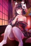  1girl animal_ear_fluff animal_ears areolae azur_lane bangs black_hair black_kimono blush breasts brown_hair cat_ears commentary_request fang flower indoors japanese_clothes kimono knees_together_feet_apart knees_up long_sleeves looking_at_viewer mask mask_on_head medium_breasts misashi_(raichi821) mismatched_eyebrows no_bra off_shoulder on_floor open_mouth red_eyes revision short_hair sitting solo tatami thighhighs white_legwear wide_sleeves yamashiro_(azur_lane) 