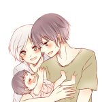  1boy 2girls :d arms_up baby bangs black_hair blush brown_shirt crying eyebrows_visible_through_hair family father_and_daughter holding holding_person husband_and_wife kirishima_arata kirishima_hikari kirishima_touka mother_and_daughter multiple_girls profile shirt short_hair simple_background smile tears tokyo_ghoul toukaairab upper_body white_background white_hair younger 