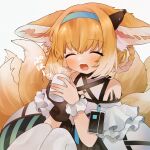  1girl :d ^_^ animal_ear_fluff animal_ears arknights bangs bare_shoulders black_gloves blonde_hair blue_hairband braid closed_eyes commentary_request cup eyebrows_visible_through_hair facing_viewer foam_mustache fox_ears fox_girl fox_tail gloves gradient_hair grey_background hair_between_eyes hair_rings hairband highres holding holding_cup knees_up kyuubi mug multicolored_hair multiple_tails pantyhose shirt simple_background single_glove single_wrist_cuff sitting smile solo steam suzuran_(arknights) tail takumi_mizuki translated twin_braids white_hair white_legwear white_shirt wrist_cuffs 