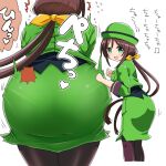  1girl ass ass_focus black_hair black_legwear commentary_request dancing green_eyes green_headwear green_jacket green_skirt hayakawa_tazuna highres jacket long_hair looking_at_viewer naitou_kouse open_mouth pantyhose pantylines pillbox_hat simple_background skirt smile solo split_ponytail translated umamusume white_background 