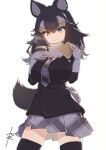  1girl 910m27r :3 animal_ears black_hair black_jacket black_legwear blue_eyes book coffee_cup commentary_request cowboy_shot cup disposable_cup eyebrows_visible_through_hair fur_collar grey_hair grey_necktie grey_skirt grey_wolf_(kemono_friends) heterochromia highres jacket kemono_friends long_hair long_sleeves multicolored_hair necktie plaid plaid_necktie plaid_skirt pleated_skirt skirt sleeve_cuffs solo straddling tail thighhighs white_fur wolf_ears wolf_girl wolf_tail yellow_eyes zettai_ryouiki 