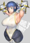  1girl armpits arms_behind_head asaki_takayuki bangs blue_hair braid breasts commentary_request covered_nipples earrings gauntlets green_eyes jewelry large_breasts leotard original pantyhose see-through short_hair skin_tight skindentation solo standing 