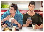 2boys arm_tattoo beard black_hair black_shirt blue_eyes brown_eyes burger chips coffee coffee_cup cor_leonis cup disposable_cup drink drinking_straw eating facial_hair final_fantasy final_fantasy_xv food gladiolus_amicitia holding holding_food holding_phone hood hood_down hooded_jacket jacket jewelry looking_at_phone male_focus multiple_boys necklace open_clothes open_jacket phone shirt short_hair sideburns sitting sleeves_rolled_up snack tattoo undercut white_shirt wristband yuzukarin 