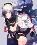  1girl animal_ears arknights bag black_bra black_scarf black_shorts bra breasts cleavage grey_background grey_hair hair_ornament hair_scrunchie highres holding jacket large_breasts long_hair looking_at_viewer mirin_chikuwa navel parted_lips ponytail quiver scarf schwarz_(arknights) scrunchie shorts shoulder_bag simple_background solo underwear white_jacket yellow_eyes 