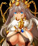  1girl bangs bare_shoulders blue_eyes breasts broken broken_chain center_opening chain cleavage crown cuffs dress earrings elbow_gloves fate/grand_order fate_(series) gloves grey_hair halterneck hasebe_akira jewelry large_breasts long_hair looking_at_viewer neck_ring pointing pointing_at_viewer white_dress white_gloves zenobia_(fate) 