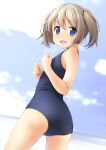  1girl :d ass bangs bare_arms bare_shoulders blue_eyes blue_sky blue_swimsuit blush brown_hair cloud commentary_request day eyebrows_visible_through_hair hair_between_eyes highres looking_at_viewer looking_back old_school_swimsuit one-piece_swimsuit original outdoors school_swimsuit shibacha sky smile solo standing swimsuit twintails 