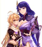  1boy 1girl aether_(genshin_impact) ahoge black_gloves blonde_hair braid breasts chipietsu cleavage genshin_impact gloves japanese_clothes kimono large_breasts midriff mole mole_under_eye navel one_eye_closed purple_eyes purple_hair raiden_shogun scarf simple_background tall_female white_background wide_sleeves yellow_eyes 