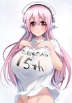  1girl blush breasts clothes_writing commentary_request headphones highres kouki_kuu large_breasts long_hair looking_at_viewer mascot nitroplus pink_hair red_eyes shirt smile solo super_sonico t-shirt tareme upper_body 
