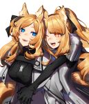  2girls :d animal_ears arknights armor aunt_and_niece black_gloves blemishine_(arknights) blonde_hair blue_eyes blush breastplate breasts cape elbow_gloves gloves grey_cape highres hug hug_from_behind large_breasts long_hair mirin_chikuwa multiple_girls one_eye_closed open_mouth orange_eyes pauldrons shoulder_armor simple_background smile whislash_(arknights) white_background 