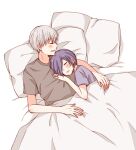  1boy 1girl alternate_costume bangs blush brown_shirt couple grey_hair hair_over_one_eye hetero kaneki_ken kirishima_touka lying on_back on_person open_mouth pillow profile purple_hair shirt short_hair short_sleeves sleeping tokyo_ghoul tokyo_ghoul:re toukaairab 