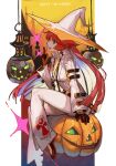  1girl ankh_necklace aria_(guilty_gear) bangs bodysuit breasts colored_inner_hair earrings full_body gloves green_eyes guilty_gear guilty_gear_strive halloween hat hungry_clicker index_finger_raised jack-o&#039;-lantern jack-o&#039;_valentine jewelry large_breasts long_hair long_sleeves looking_at_viewer multicolored_hair open_mouth pumpkin red_hair sitting smile white_bodysuit white_hair white_headwear witch_hat 