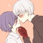  1boy 1girl bangs black_shirt blush brown_background closed_mouth colored_skin eye_contact from_side grey_hair grey_shirt hand_on_another&#039;s_chin hand_up kaneki_ken kirishima_touka long_sleeves looking_at_another profile purple_hair red_skin shirt short_hair sweat tokyo_ghoul tokyo_ghoul:re toukaairab 