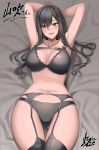  1girl :d alice_gear_aegis armpits bra breasts commission doko_tetora garter_belt grey_bra grey_hair grey_panties hands_up highres kagome_misaki large_breasts long_hair looking_at_viewer lying navel on_back panties purple_eyes skeb_commission smile solo thighhighs underwear 