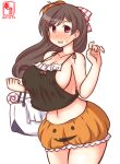  1girl artist_logo bag black_tank_top breasts brown_hair candy collarbone commentary_request cosplay covered_nipples cowboy_shot dated food hair_ornament hair_ribbon hairclip halloween halloween_costume jack-o&#039;-lantern kanon_(kurogane_knights) kantai_collection large_breasts libeccio_(kancolle) libeccio_(kancolle)_(cosplay) lollipop long_hair mamiya_(kancolle) one-hour_drawing_challenge orange_skirt pumpkin_skirt red_eyes ribbon simple_background skirt solo tank_top white_background 